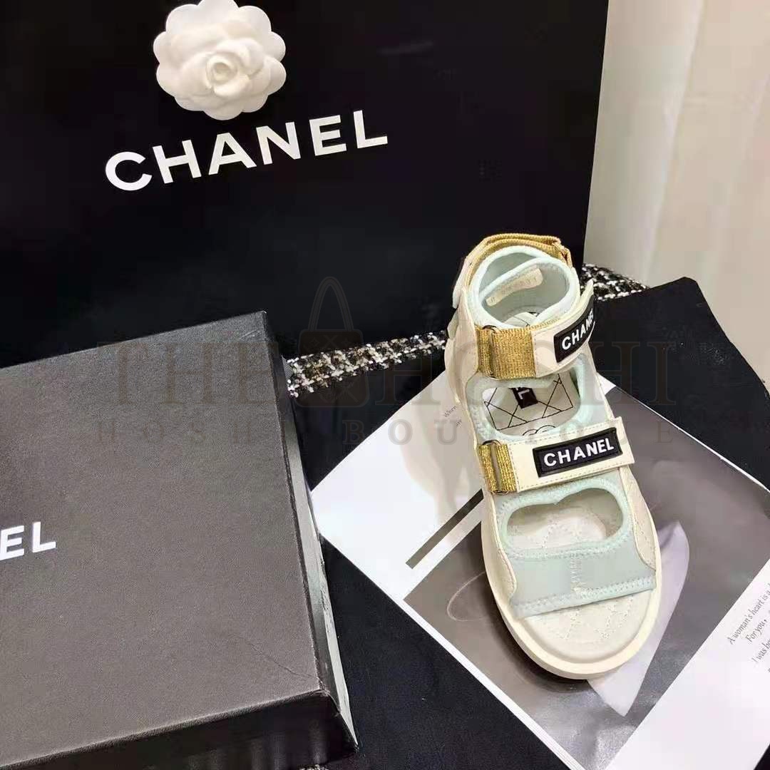Ch**el Women Sandals Goatskin Fabric &amp; TPU White Light Grey &amp; Navy Blue Master Quality