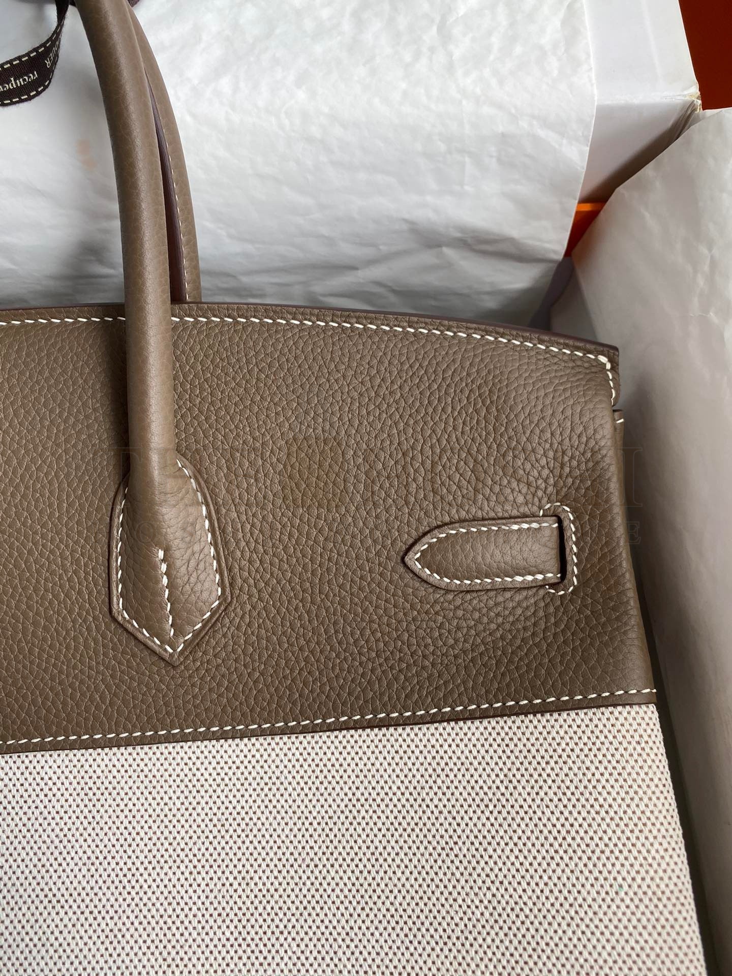 H**me5 Birkin 35 Handmade Bag In Toile &amp; Taupe Clemence Leather Master Quality