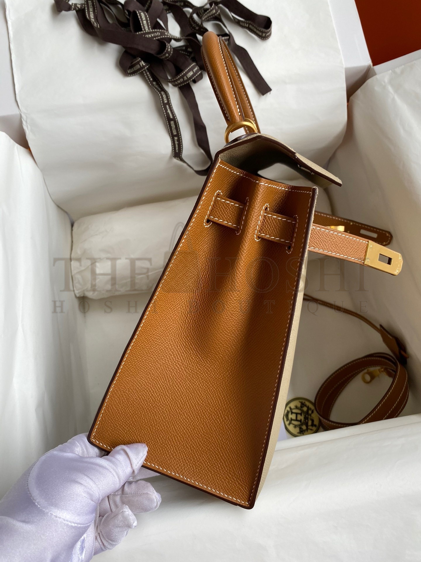 H**me5 Kelly Sellier 28 Bicolor Bag in Trench and Gold Epsom Calfskin Master Quality