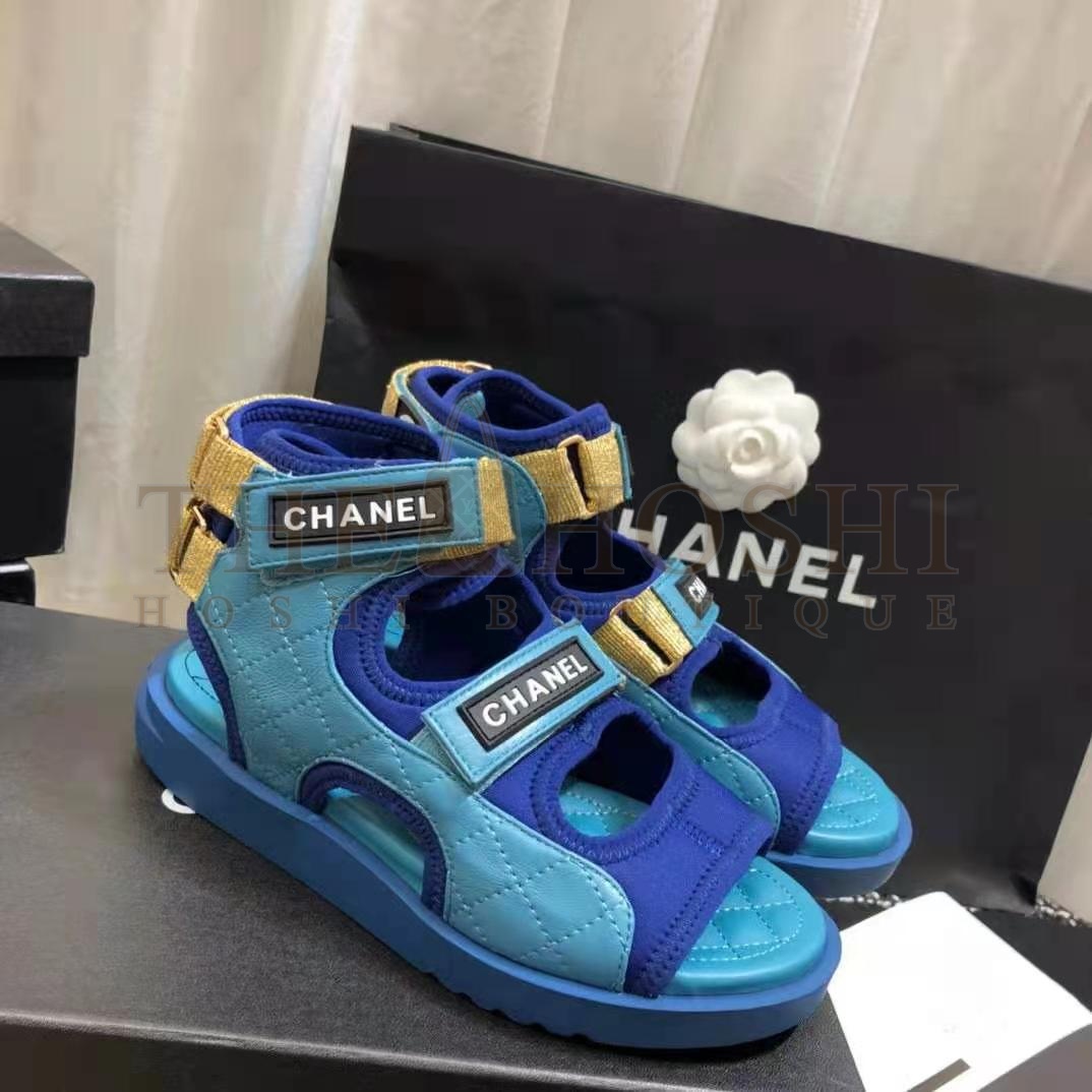 Ch**el Women Sandals Goatskin Fabric &amp; TPU Blue Dark Blue &amp; Black Master Quality