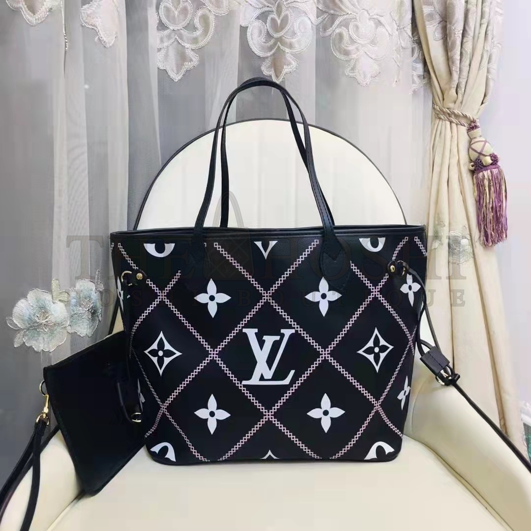 L0vis Vvtt0n LV Women Neverfull MM Tote Black Pink Grained Cowhide Leather Master Quality