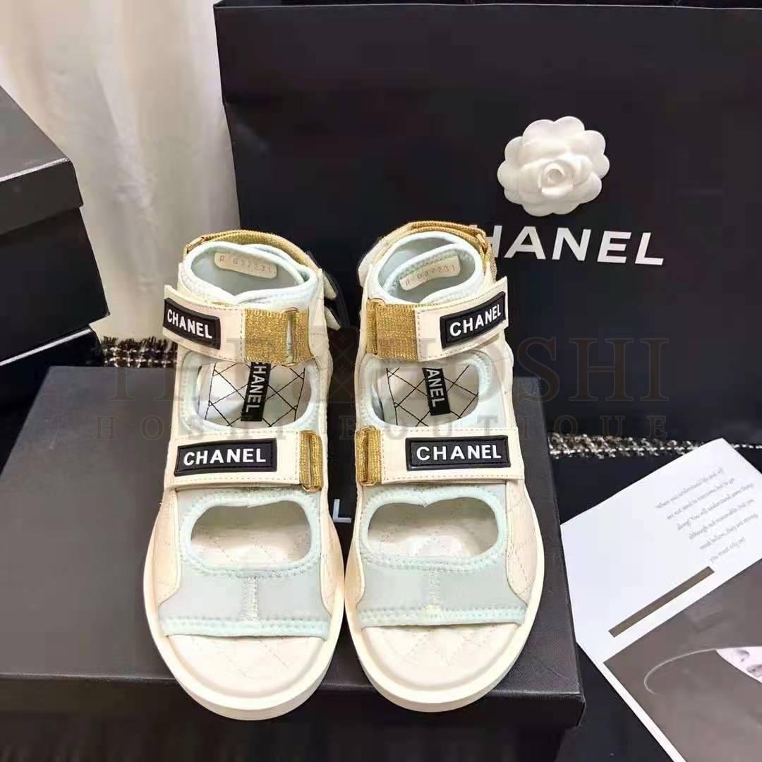Ch**el Women Sandals Goatskin Fabric &amp; TPU White Light Grey &amp; Navy Blue Master Quality