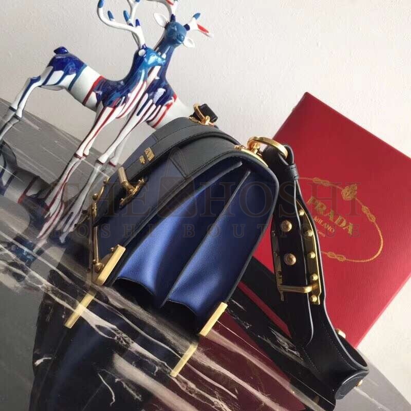 Pra*a Cahier Shoulder Bag In Blue/Black Leather Master Quality