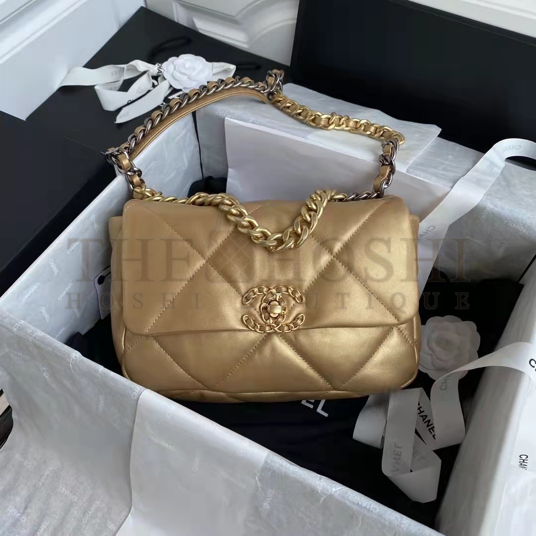 Ch**el CC Women 19 Handbag Metallic Lambskin Gold Silver Tone Gold Bag Master Quality