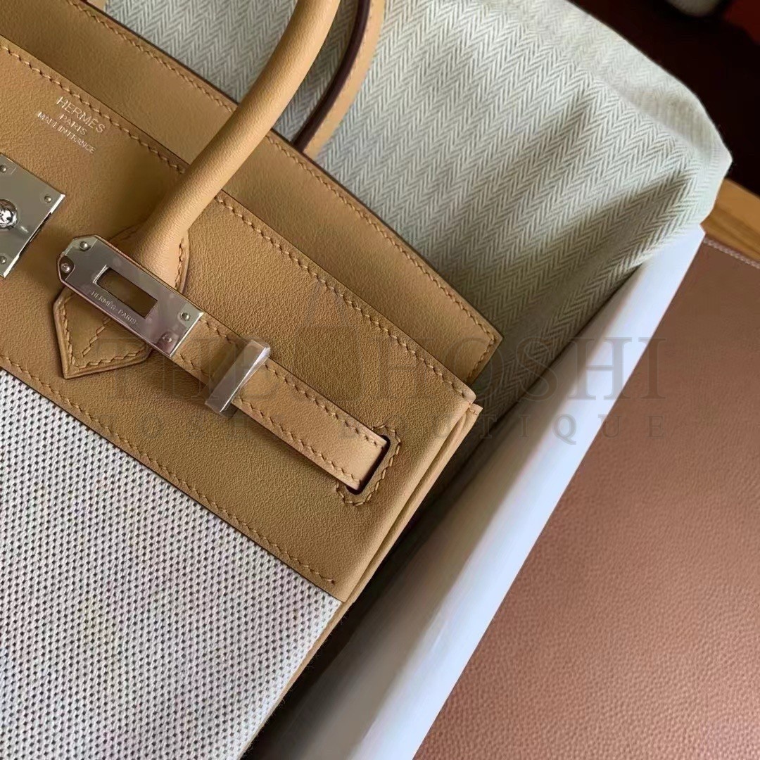 H**me5 Birkin 25 Handmade Bag In Toile &amp; Biscuit Swift Leather Master Quality