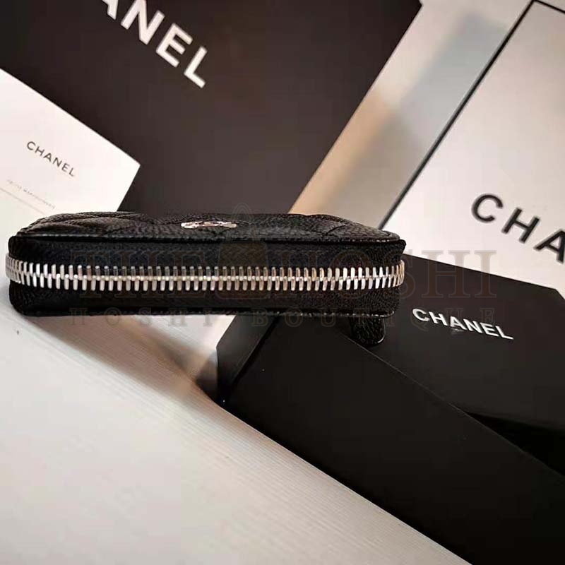 Ch**el Women Classic Zipped Coin Purse in Grained Calfskin &amp; Silver-Tone Metal-Black Master Quality