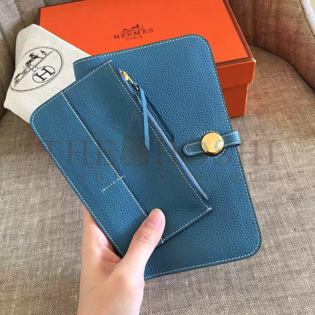 H**me5 Dogon Duo Wallet in Blue Jean Clemence Leather Master Quality