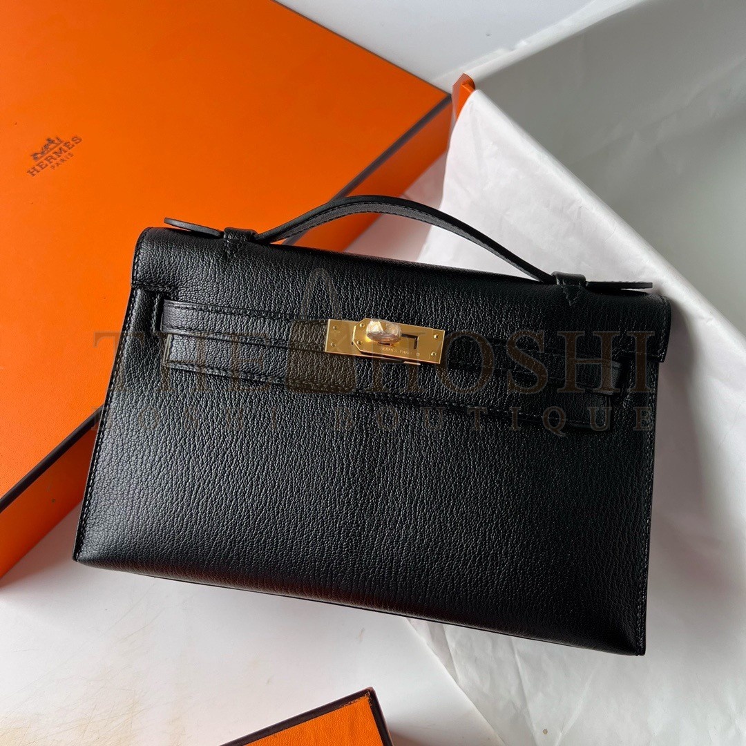 H**me5 Kelly Pochette Handmade Bag In Black Chevre Mysore Leather Master Quality