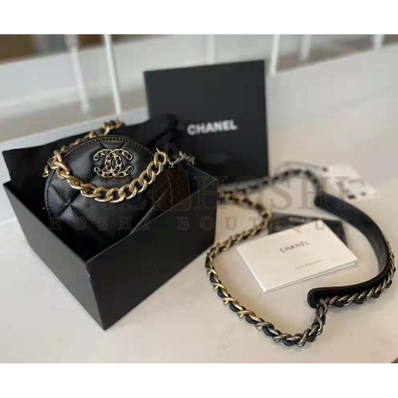Ch**el Women Ch**el 19 Clutch with Chain Lambskin Gold Silver-Tone &amp; Ruthenium Black Master Quality