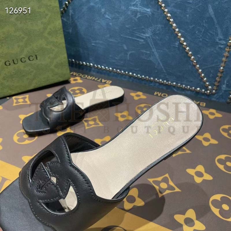 Gvc*1 Unisex Interlocking G Slide Sandals Black Leather Cut-Out Flat Master Quality