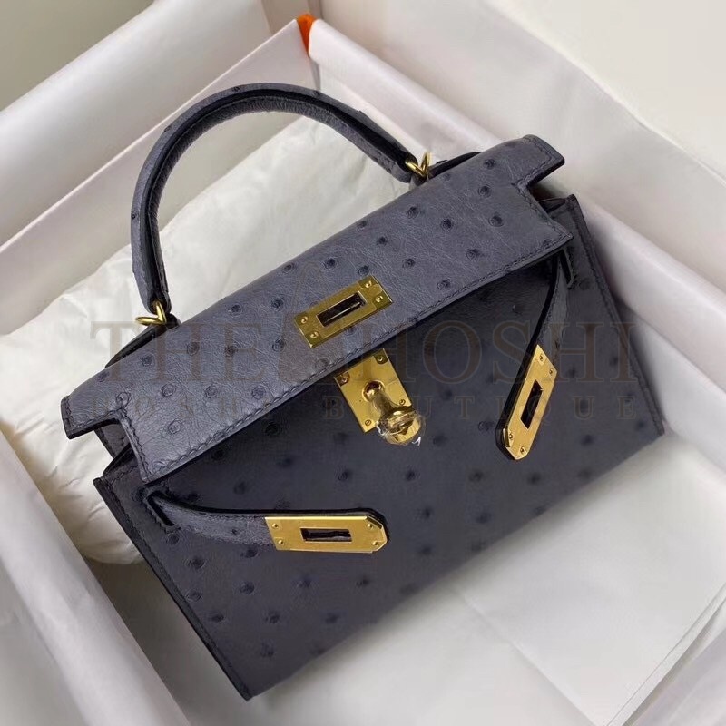 H**me5 Gris Agate Ostrich Kelly Mini II Handmade Bag Master Quality
