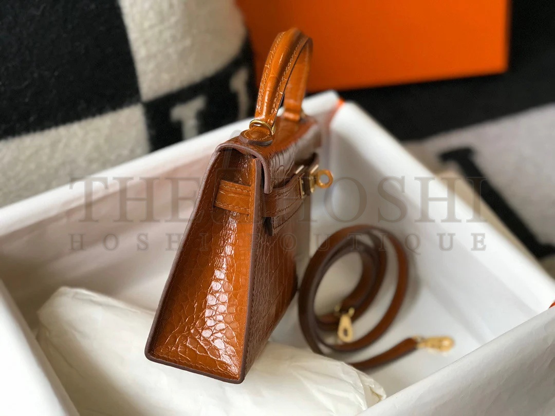H**me5 Kelly Mini II Sellier Bag In Gold Crocodile Embossed Leather Master Quality