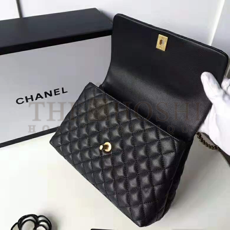 Ch**el Women Flap Bag with Top Handle in Grained Calfskin Leather-Black Master Quality