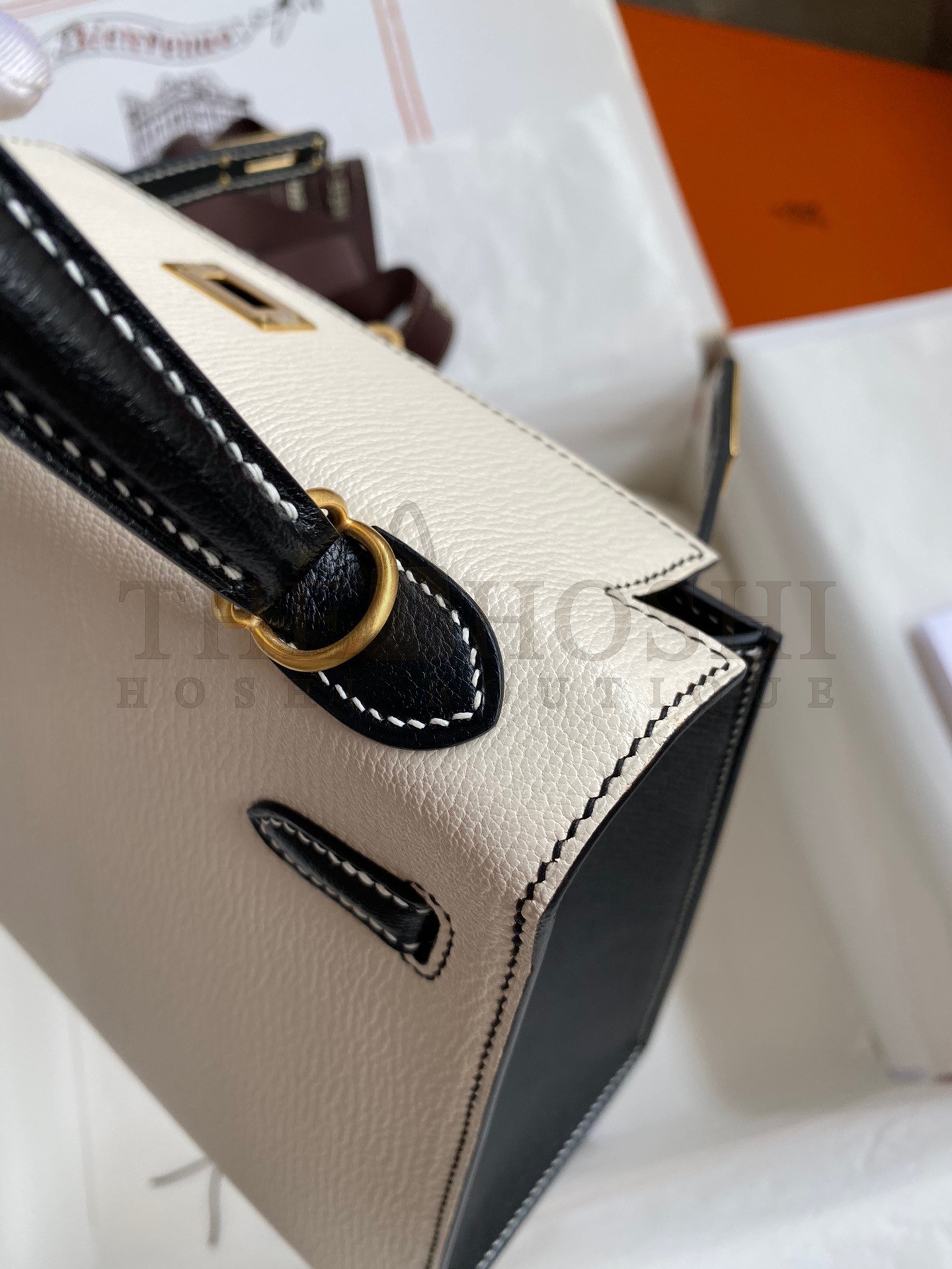 H**me5 Kelly Sellier 25 Bicolor Bag in White and Black Mysore Goatskin Master Quality