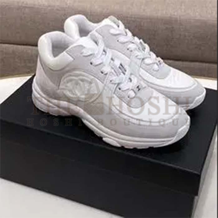 Ch**el Women CC Low Top Sneakers Calfskin Suede Leather Triple White Master Quality