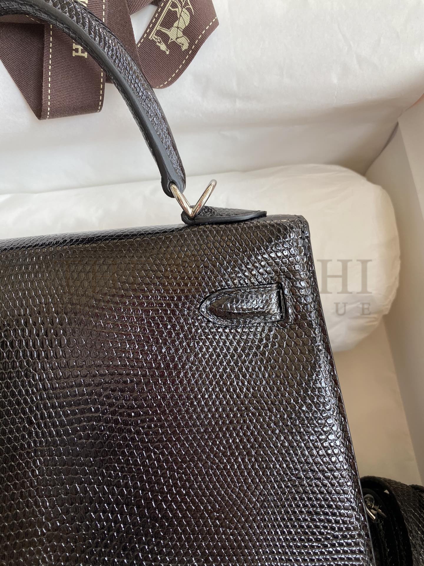 H**me5 Kelly Sellier 25 Handmade Bag In Black Lizard Leather Master Quality
