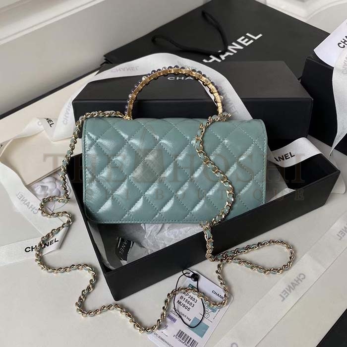 Ch**el Women CC Small Flap Bag Top Handle Pearly Lambskin Light Green Master Quality