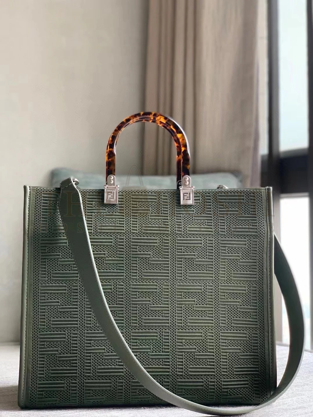 F**di Sunshine Medium Tote Bag In Green FF Fabric Master Quality
