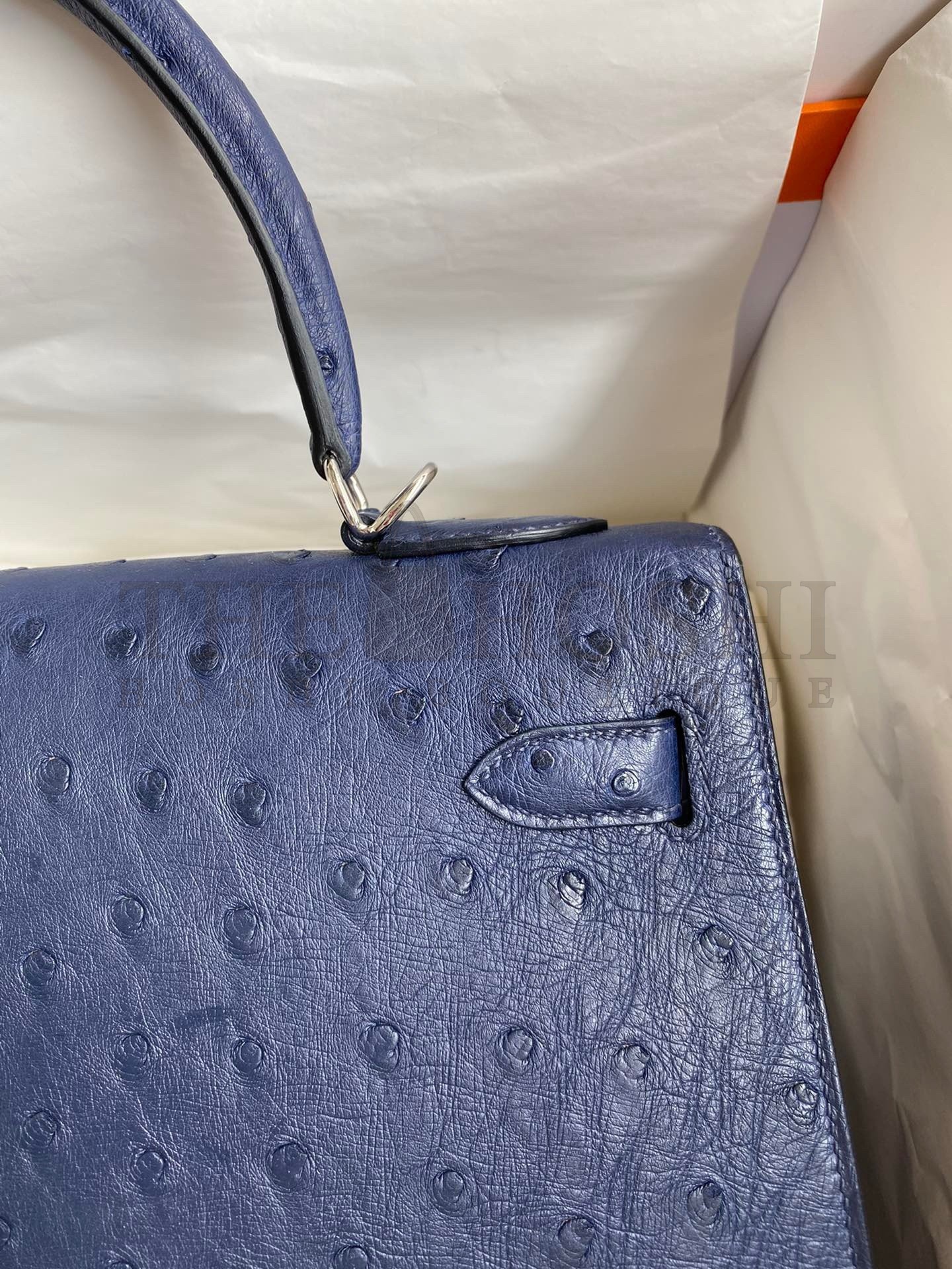 H**me5 Kelly Sellier 32 Handmade Bag In Blue Iris Ostrich Leather Master Quality