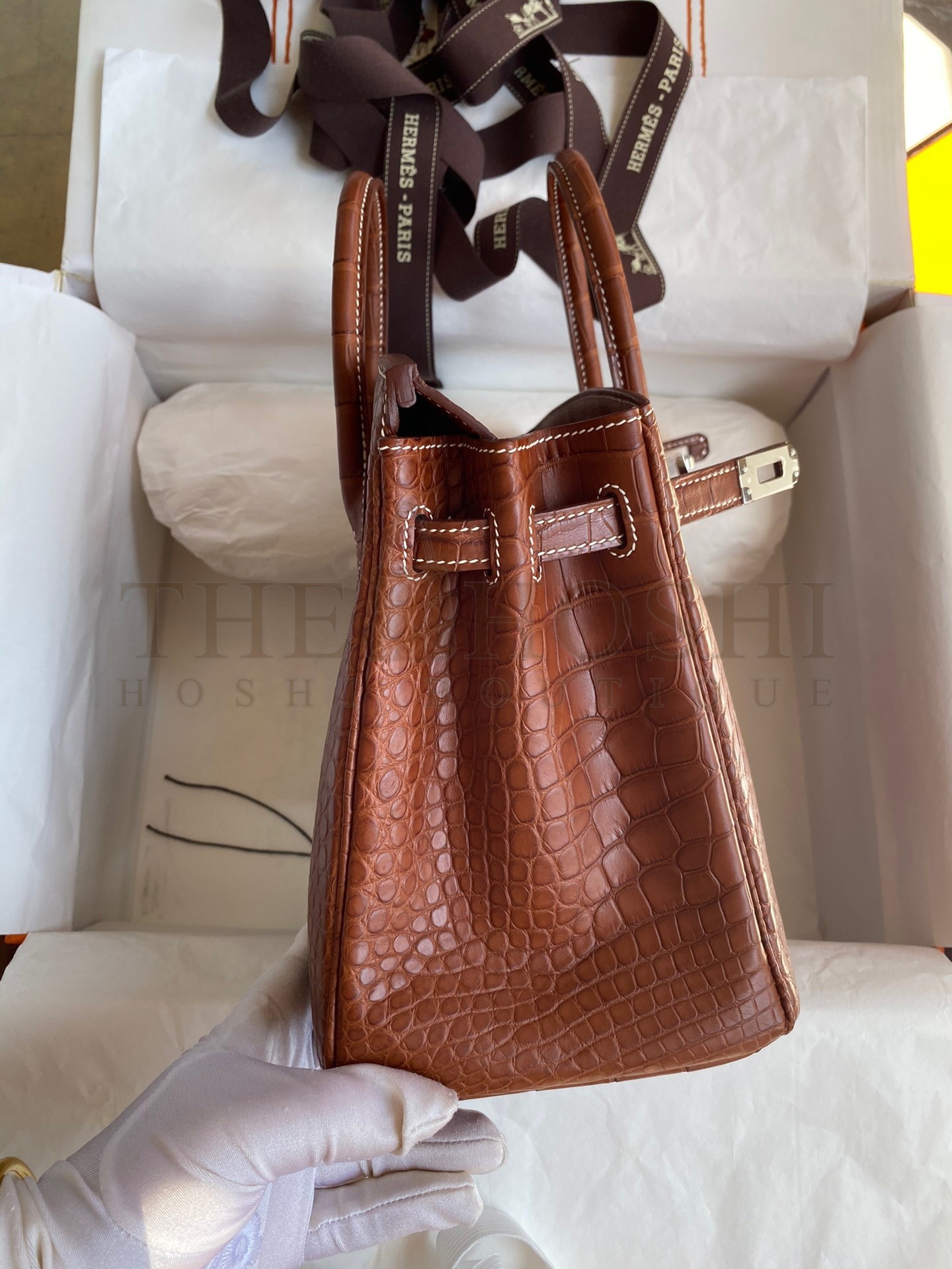 H**me5 Birkin 25 Retourne Handmade Bag In Gold Matte Alligator Leather Master Quality