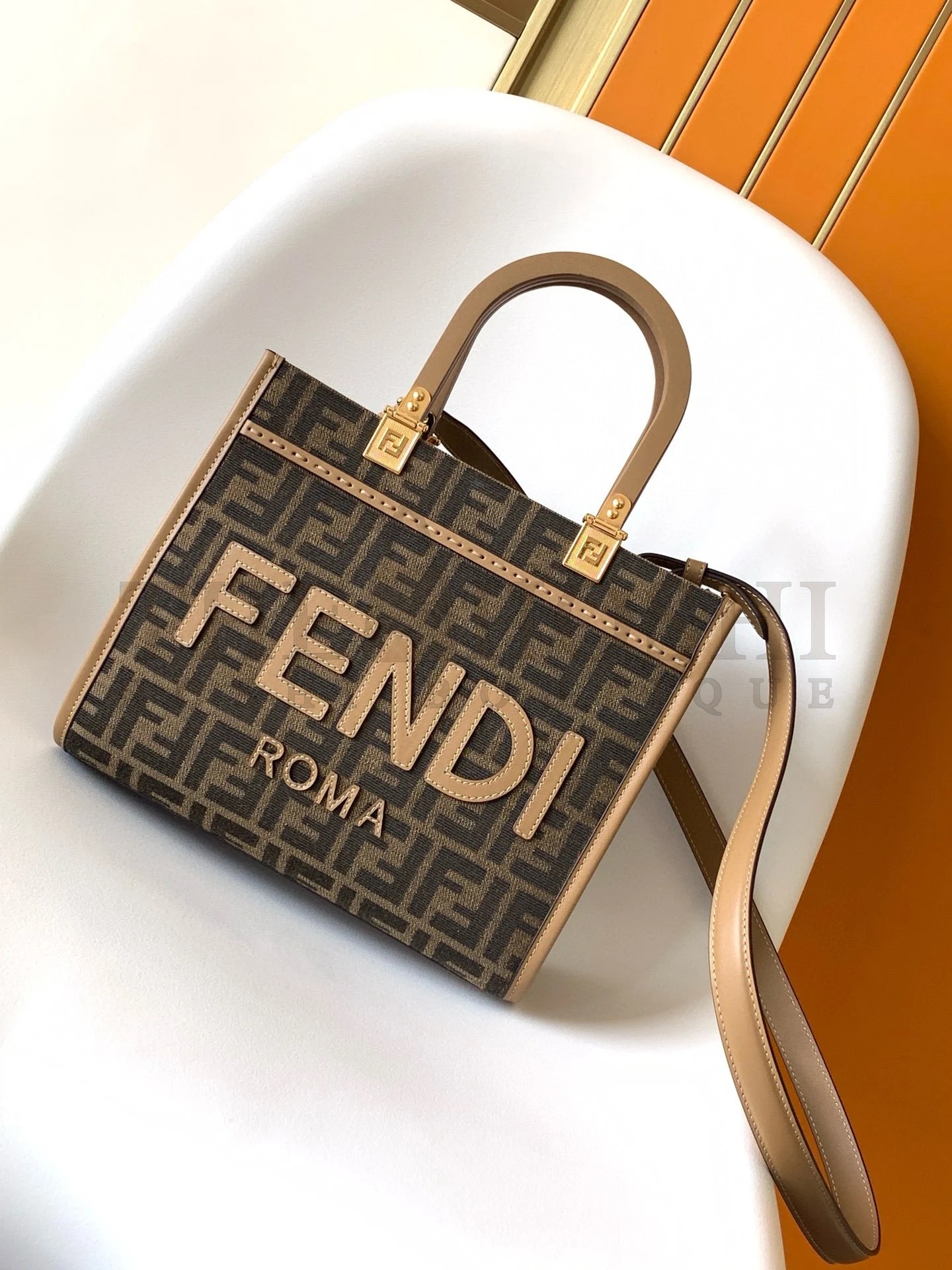 F**di Sunshine Small Tote Bag in Brown FF Jacquard Fabric Master Quality