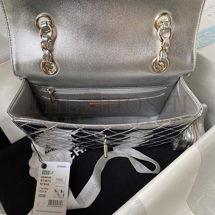 Ch**el Women CC Flap Bag Star Coin Purse Mirror Calfskin Metallic Calfskin Gold-Tone Metal Silver Master Quality
