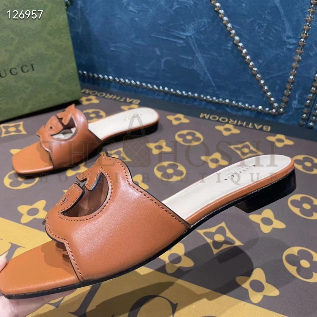 Gvc*1 Unisex Interlocking G Slide Sandals Orange Leather Cut-Out Flat Master Quality