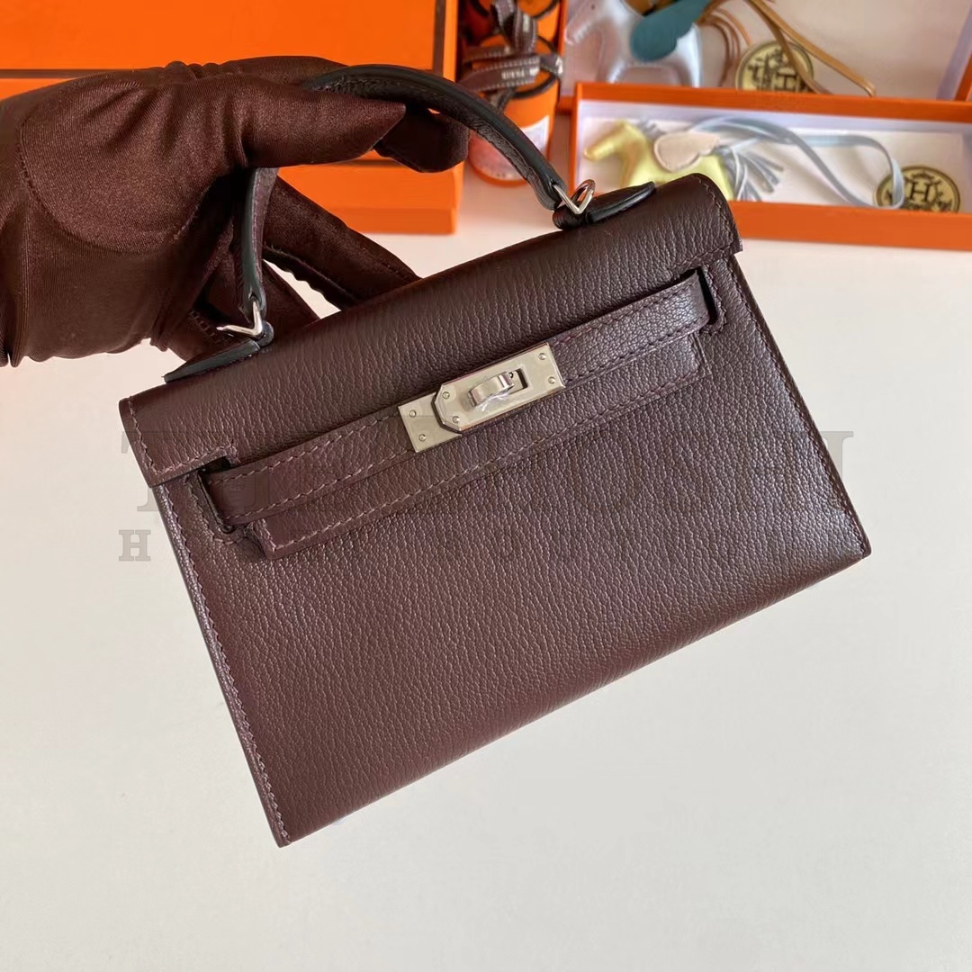 H**me5 Women Mini Kelly 20 Bag Suede Leather Silver Hardware-Chocolate Master Quality