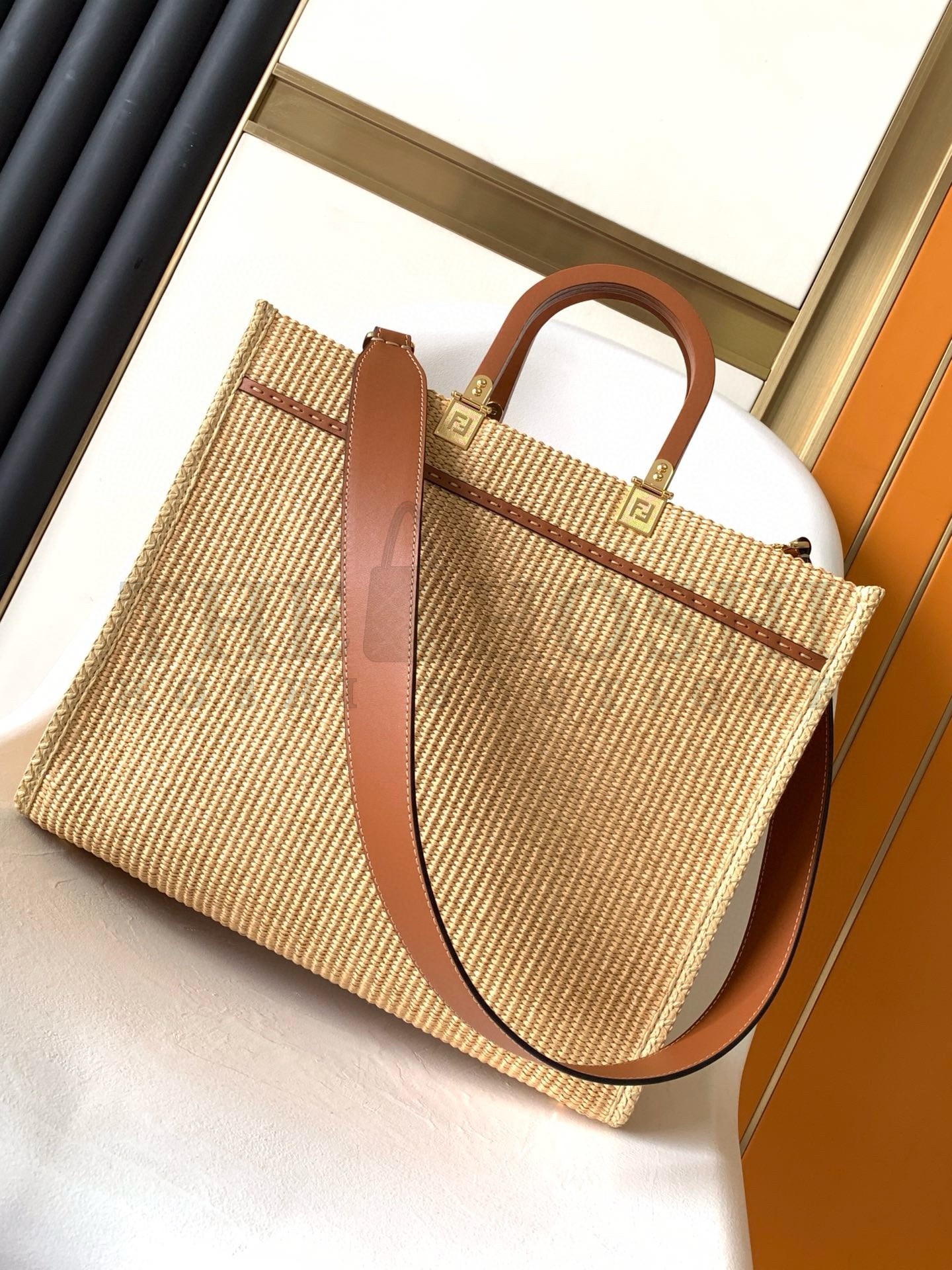 F**di Sunshine Medium Tote Bag in Natural Straw Master Quality