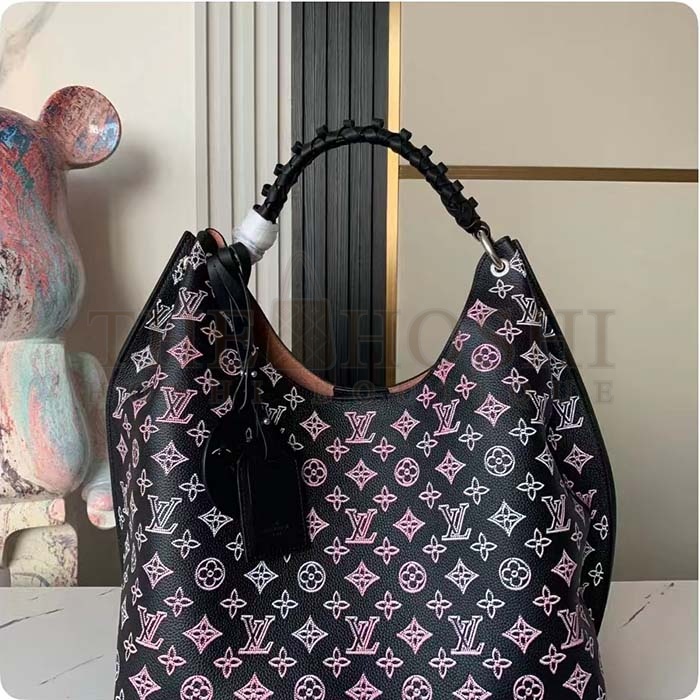 L0vis Vvtt0n LV Women Carmel Hobo Bag Black Perforated Mahina Calf Leather Master Quality