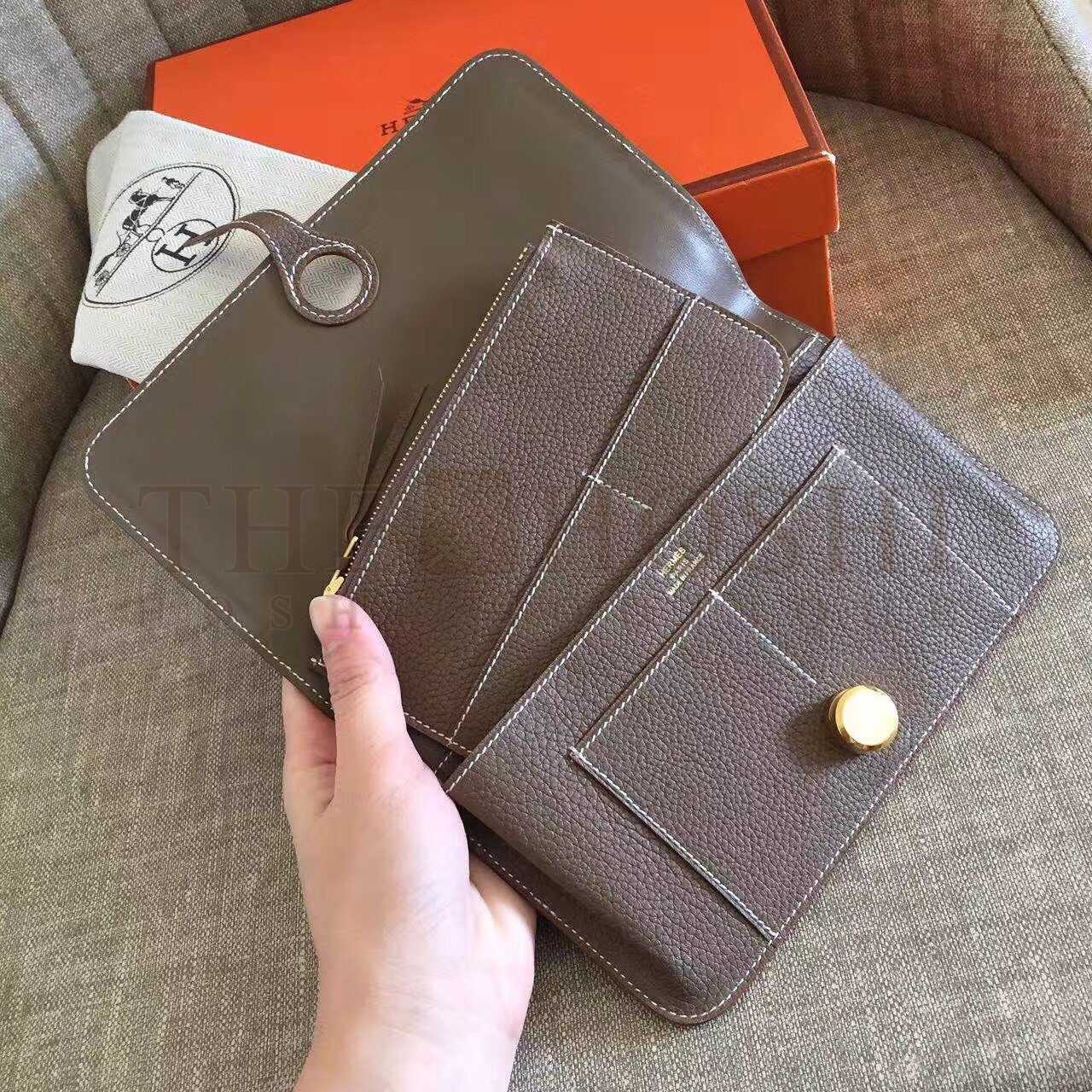 H**me5 Dogon Duo Wallet in Taupe Clemence Leather Master Quality