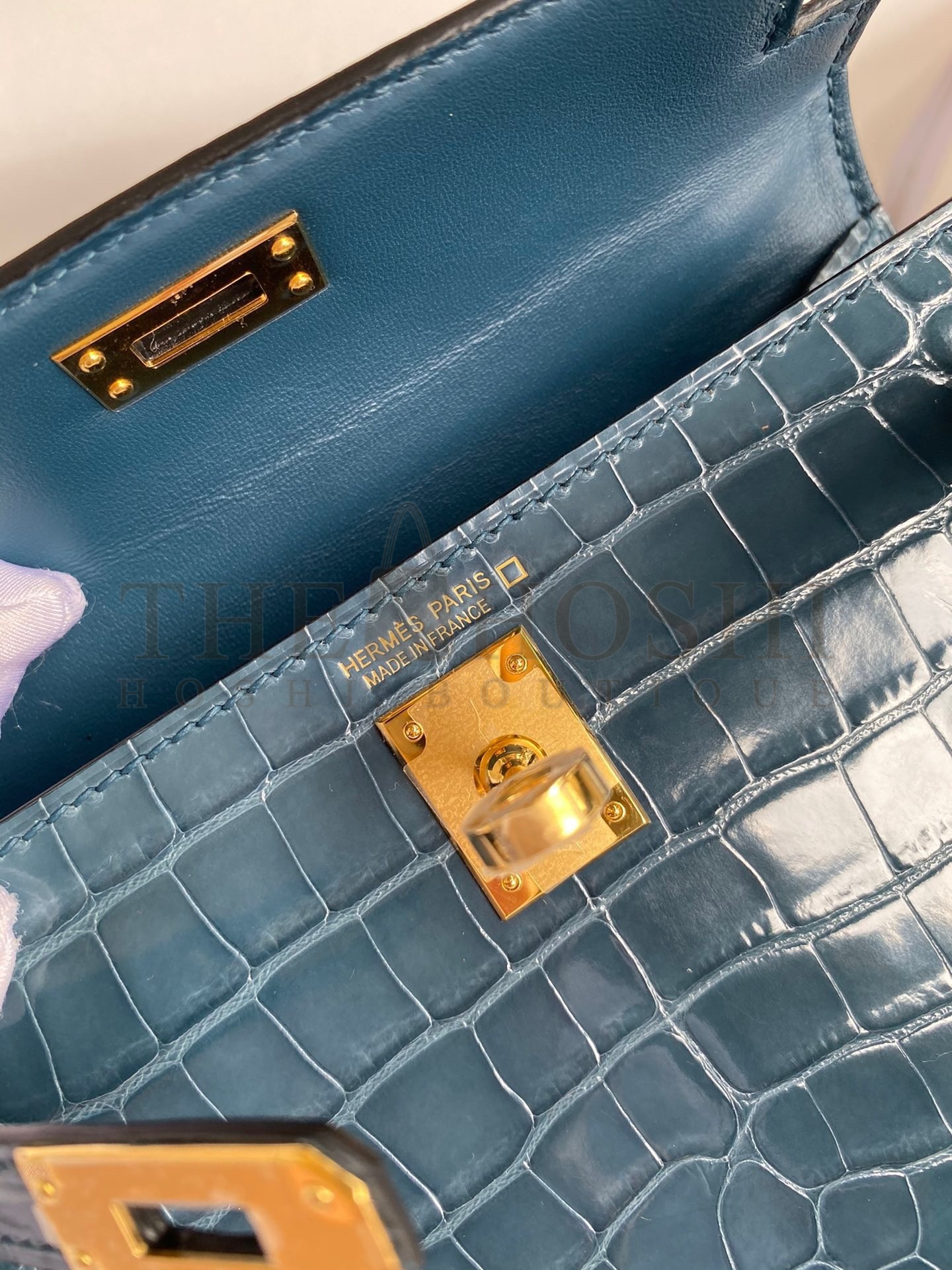 H**me5 Kelly Mini II Sellier Handmade Bag In Blue Jean Shiny Alligator Leather Master Quality