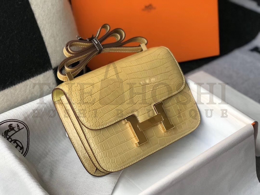 H**me5 Constance 24cm Bag In Jaune Poussin Embossed Crocodile Master Quality
