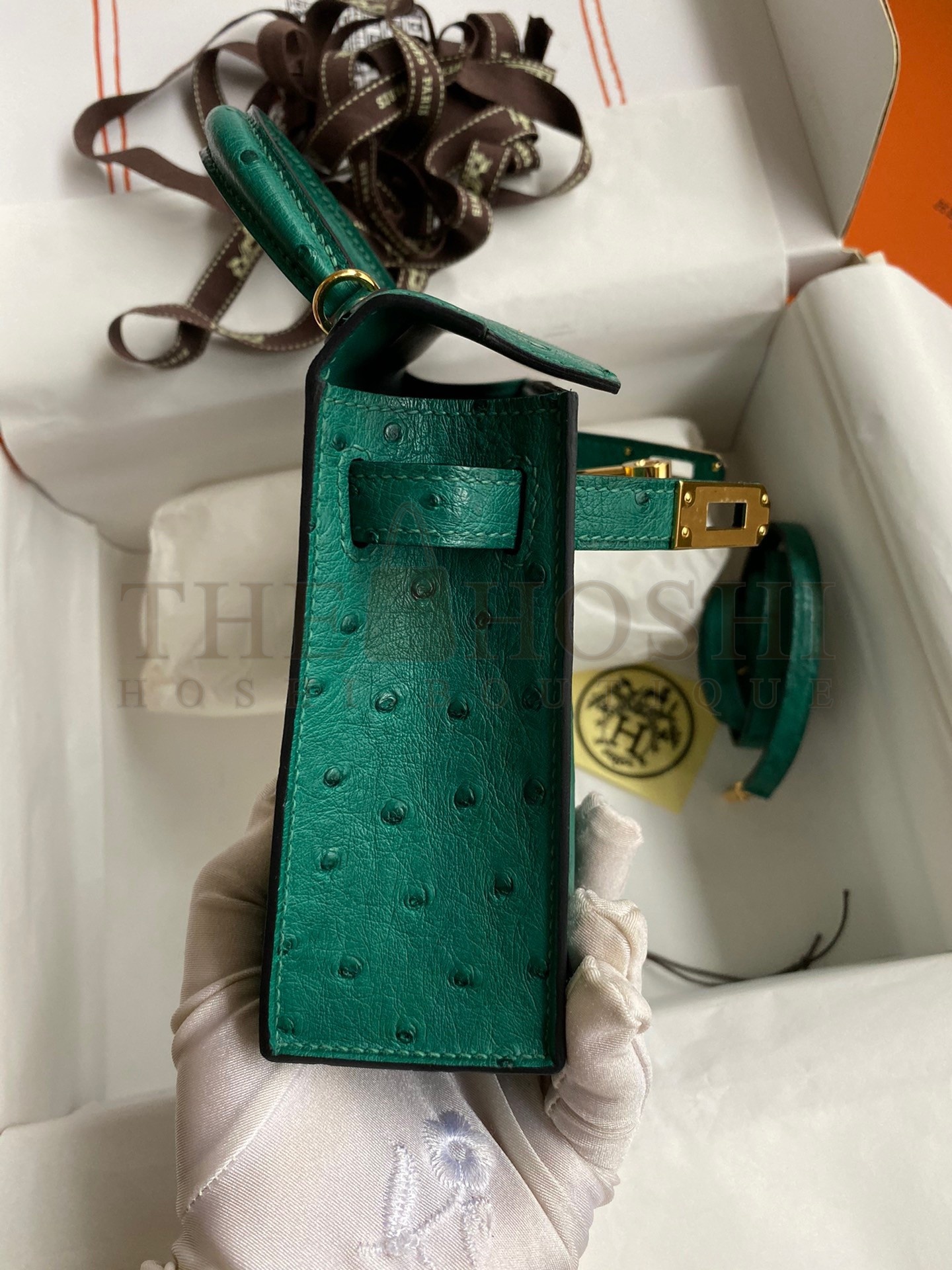 H**me5 Kelly Mini II Sellier Handmade Bag In Vert Vertigo Ostrich Leather Master Quality