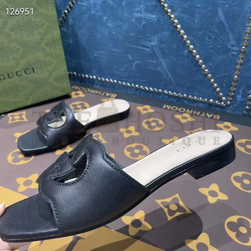 Gvc*1 Unisex Interlocking G Slide Sandals Black Leather Cut-Out Flat Master Quality