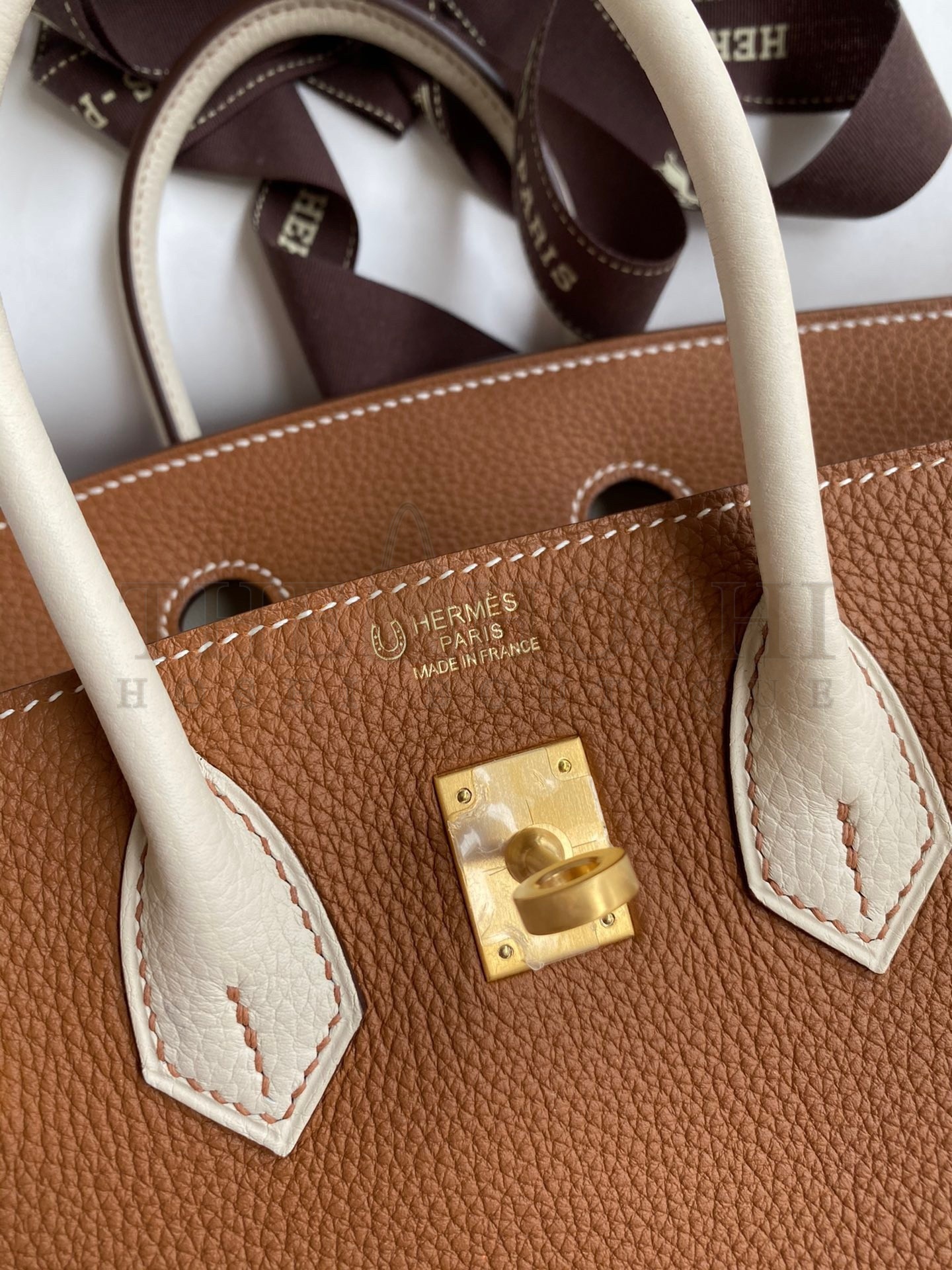 H**me5 HSS Birkin 25 Bicolor Bag in Gold and Craie Clemence Leather Master Quality