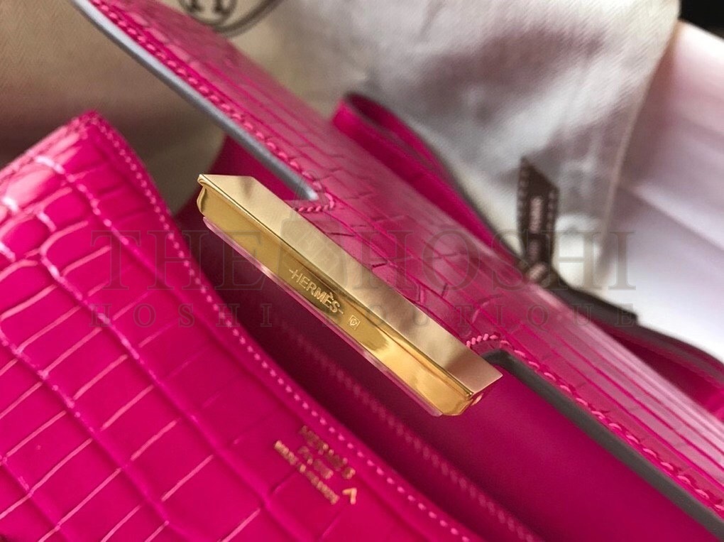 H**me5 Constance 24cm Bag In Rose Red Embossed Crocodile Master Quality