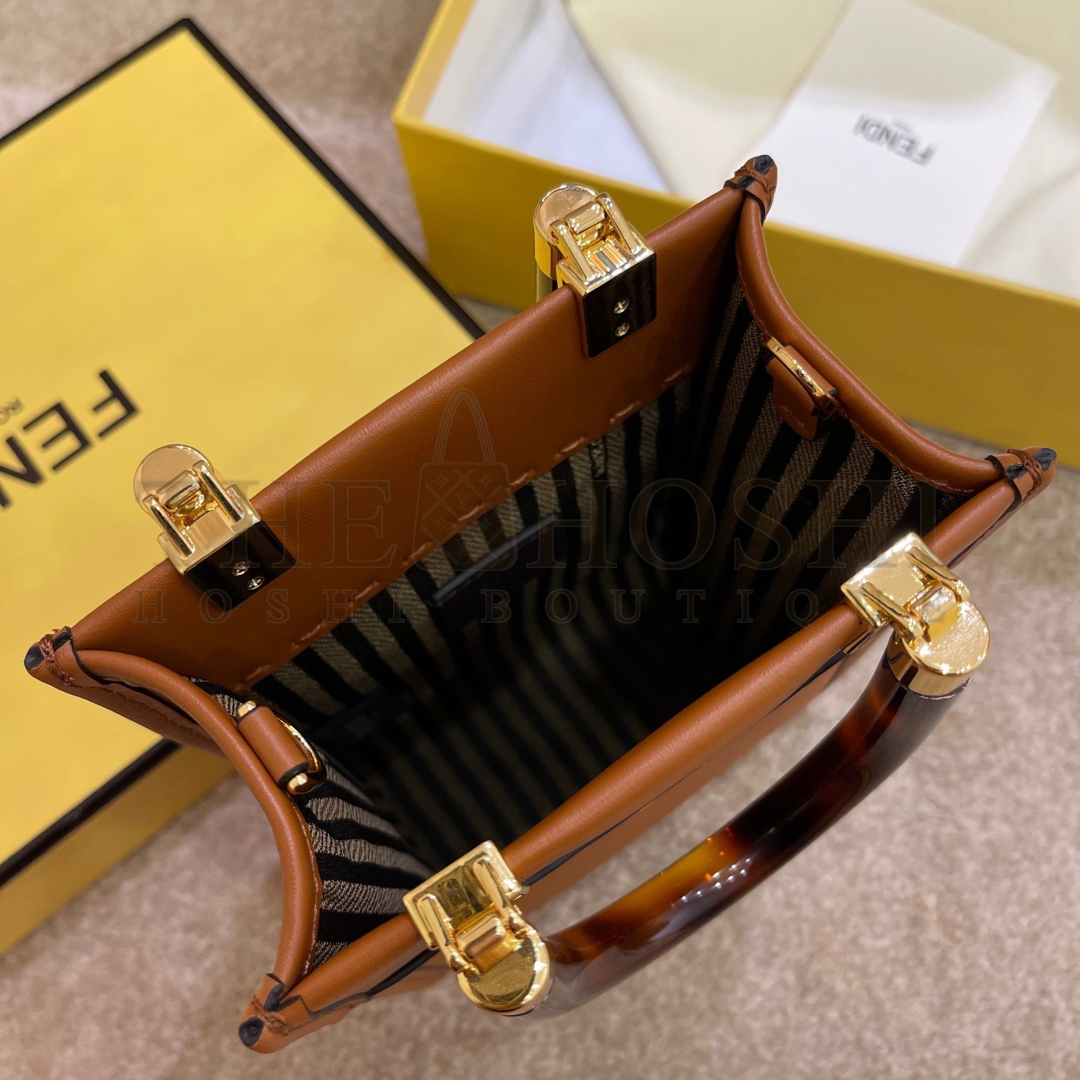 F**di Mini Sunshine Shopper Bag In Brown Leather Master Quality