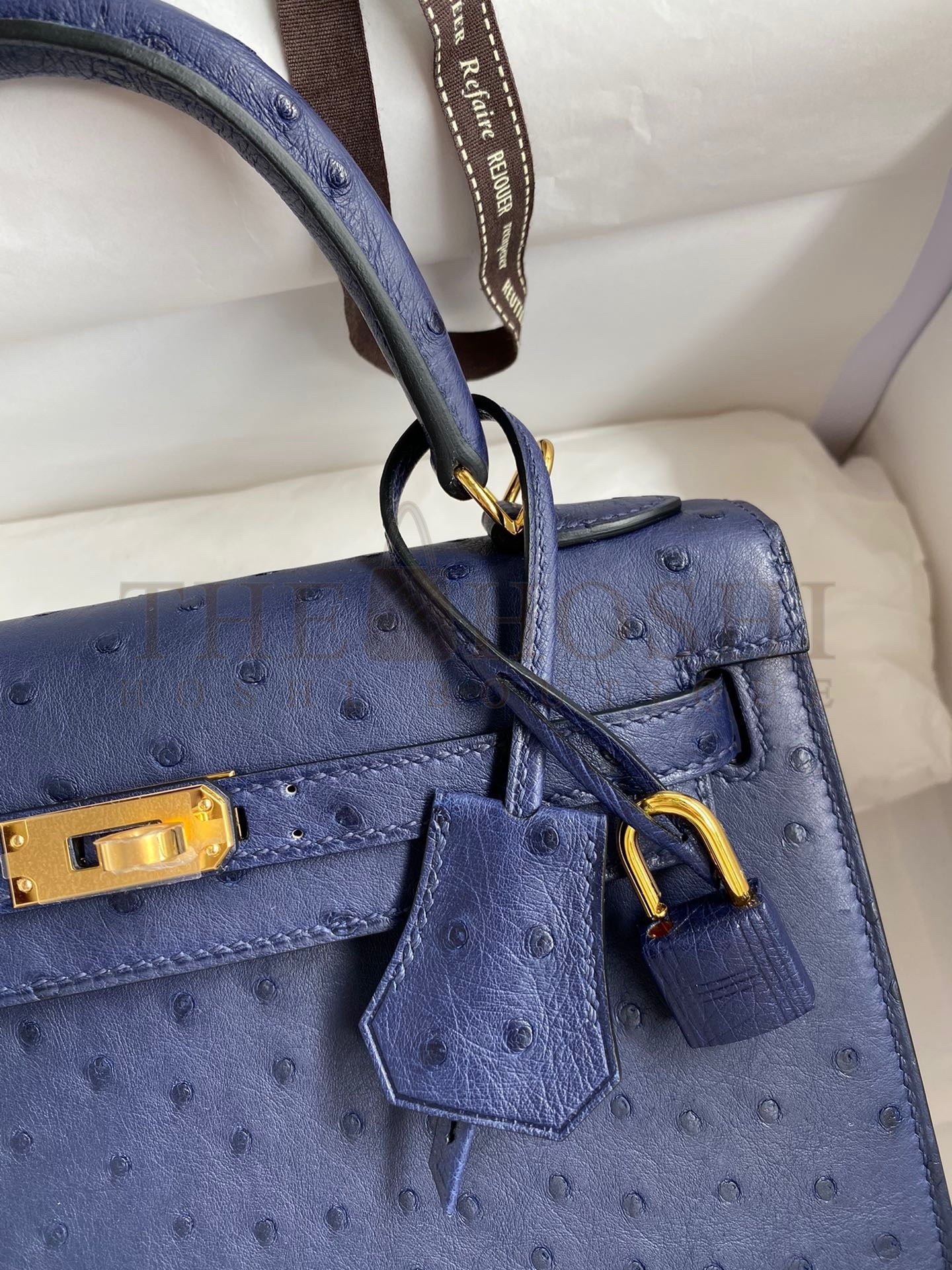 H**me5 Kelly Sellier 25 Handmade Bag In Blue Iris Ostrich Leather Master Quality