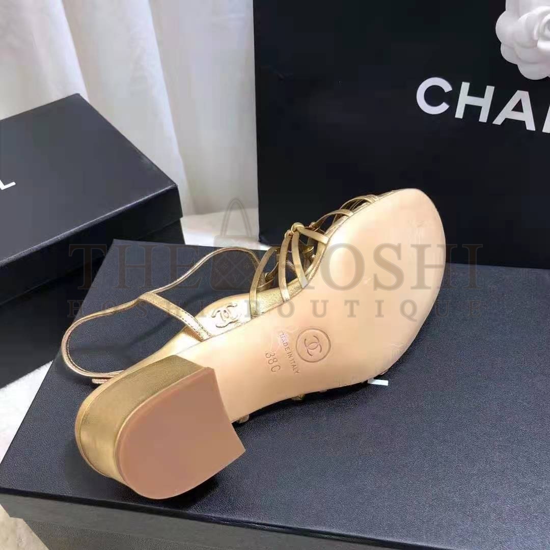 Ch**el Women Sandals Laminated Lambskin Gold 5 cm Heel Master Quality