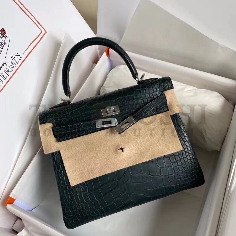 H**me5 Vert Cypres Kelly 28cm Matte Alligator Crocodile Skin Bag Master Quality