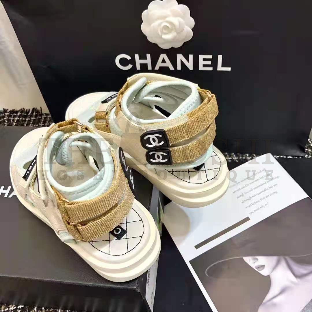 Ch**el Women Sandals Goatskin Fabric &amp; TPU White Light Grey &amp; Navy Blue Master Quality