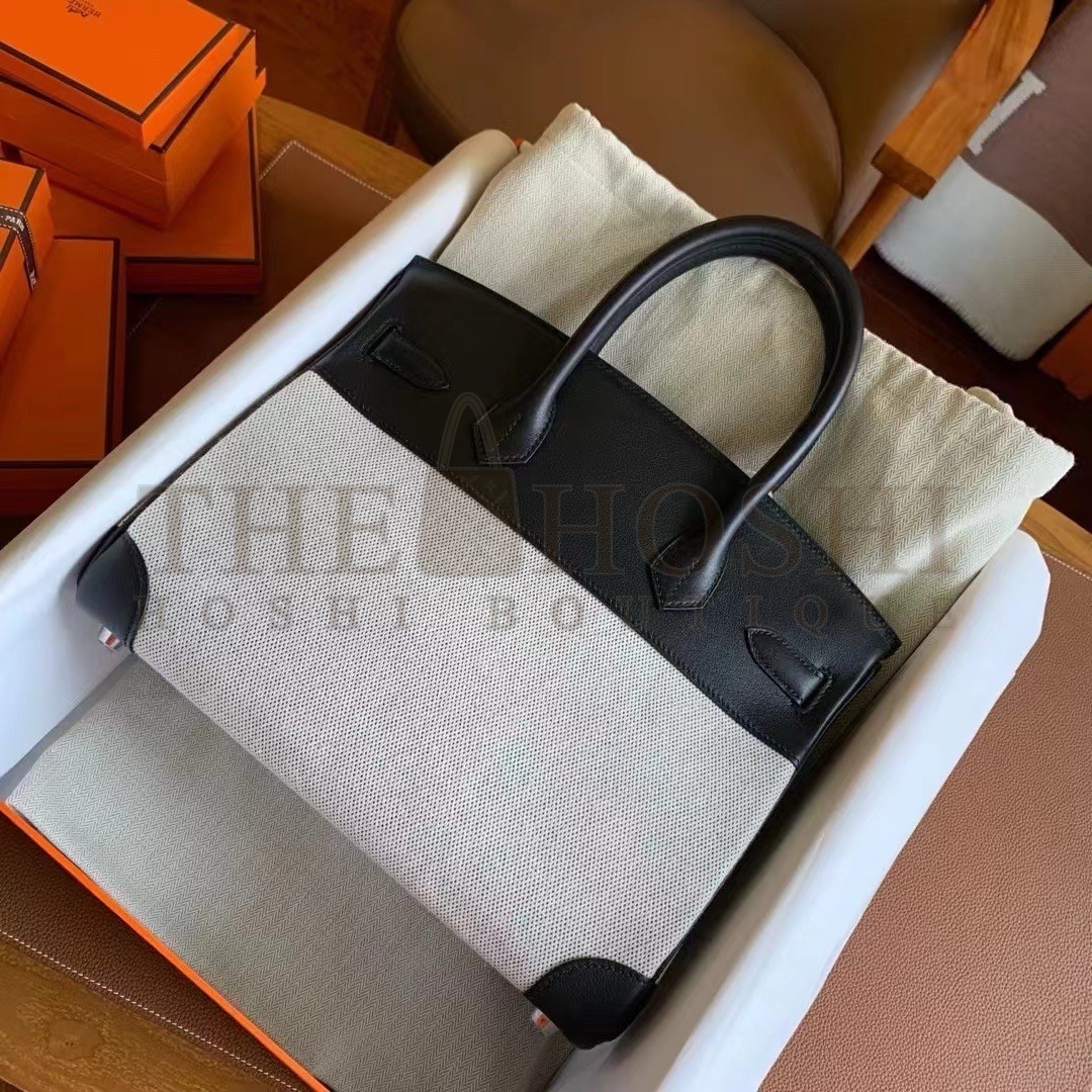 H**me5 Birkin 30 Handmade Bag In Toile &amp; Black Swift Leather Master Quality