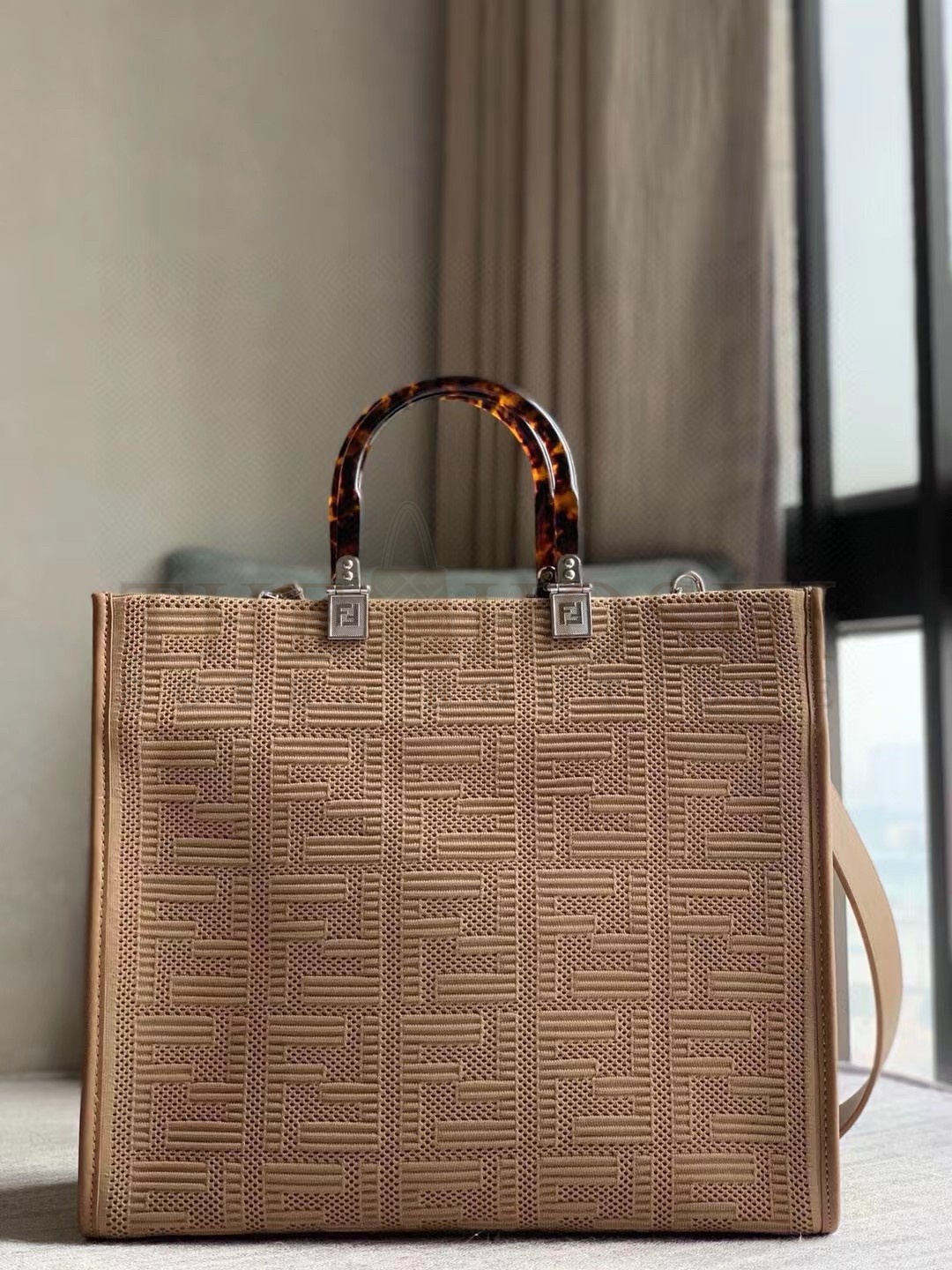 F**di Sunshine Medium Tote Bag In Beige FF Fabric Master Quality