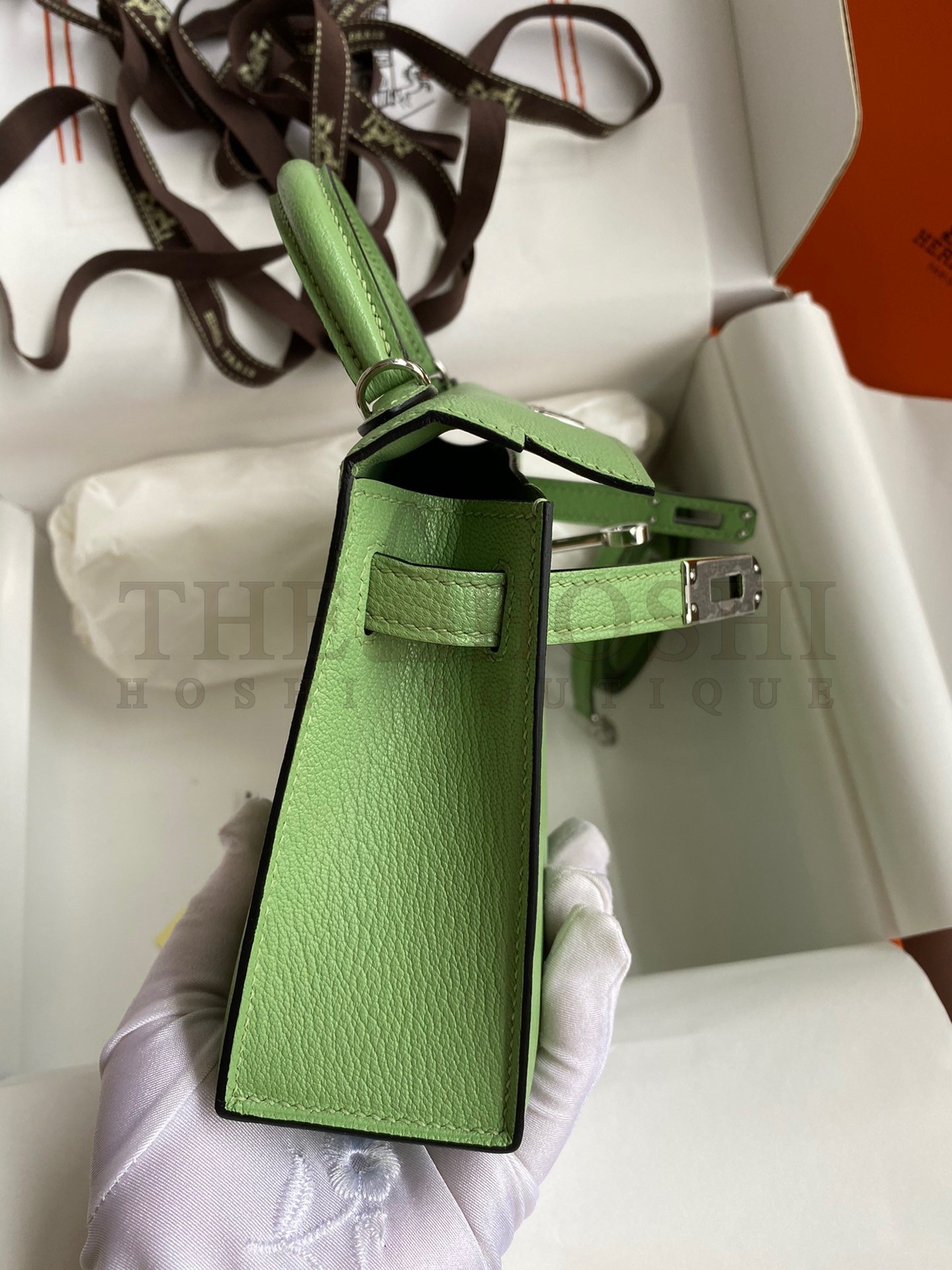 H**me5 Kelly Mini II Sellier Handmade Bag In Vert Criquet Chevre Mysore Leather Master Quality