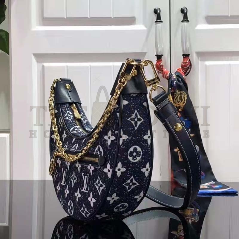 L0vis Vvtt0n LV Women Half-Moon Loop Baguette Handbag Navy Blue Denim Jacquard Master Quality