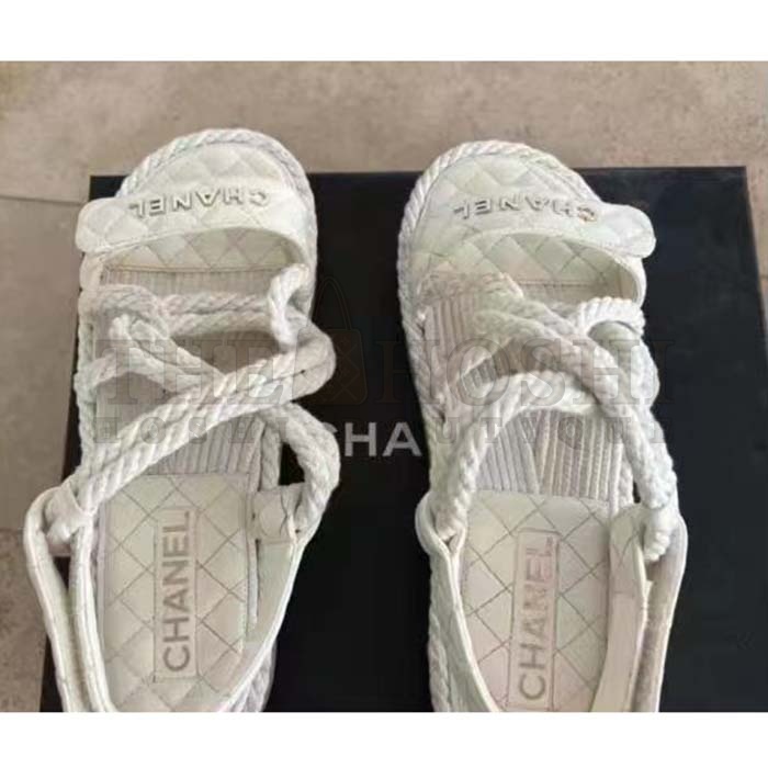 Ch**el Women CC Cotton Tweed White Sandals Calfskin Leather Cotton 1 CM Heel Master Quality