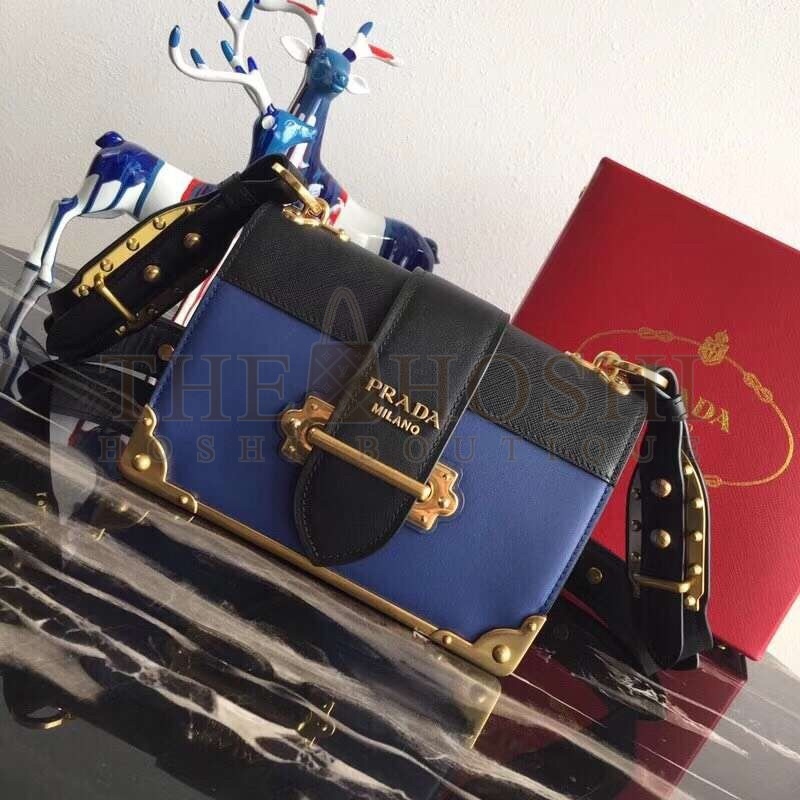 Pra*a Cahier Shoulder Bag In Blue/Black Leather Master Quality