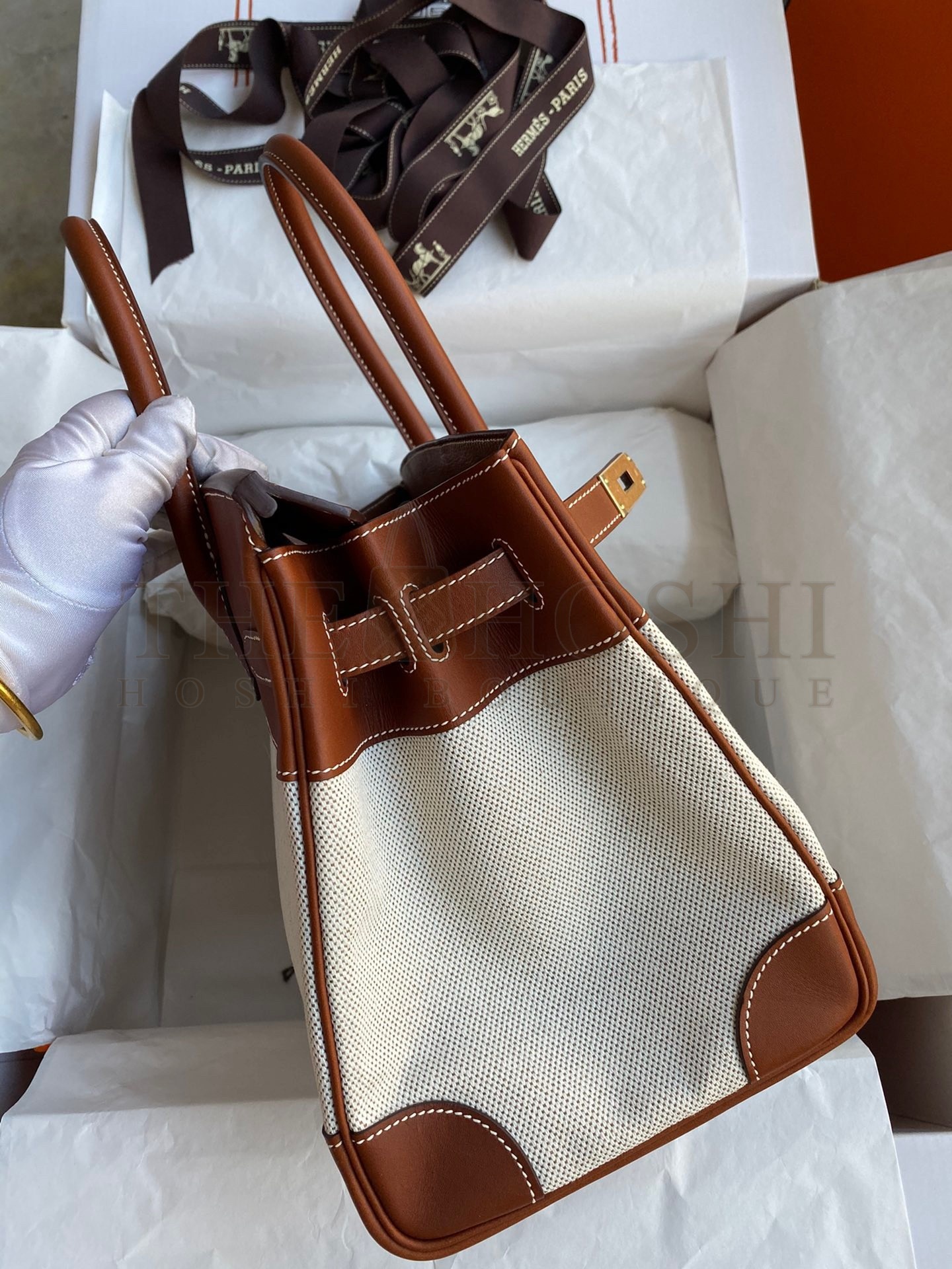 H**me5 Birkin 30 Handmade Bag In Toile &amp; Gold Swift Leather Master Quality