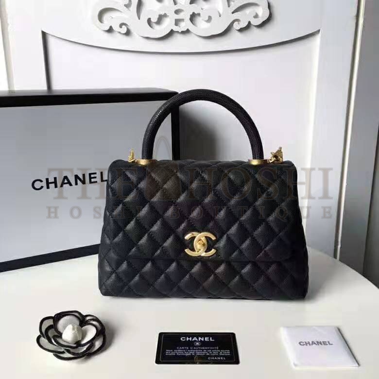 Ch**el Women Flap Bag with Top Handle in Grained Calfskin Leather-Black Master Quality